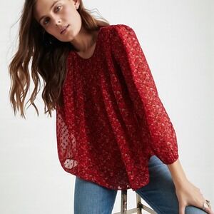 Lucky Brand Floral Blouse Red Long Sleeve Keyhole Back Top -‎ M